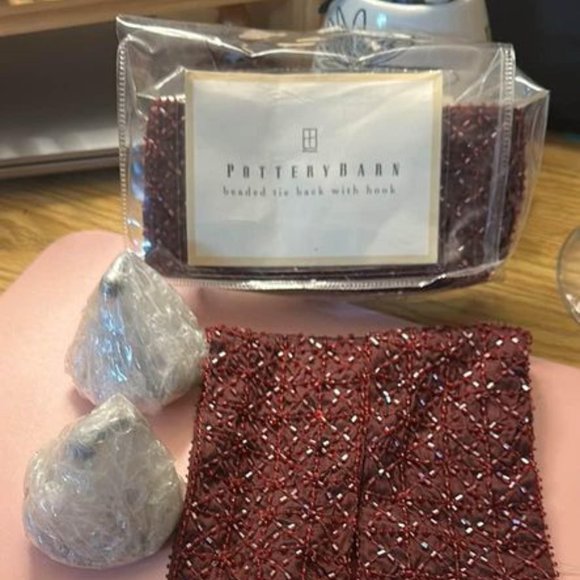 Brand New Pottery Barn Beaded Silk Curtain Tie Backs & Wall Hooks - Picture 1 of 6